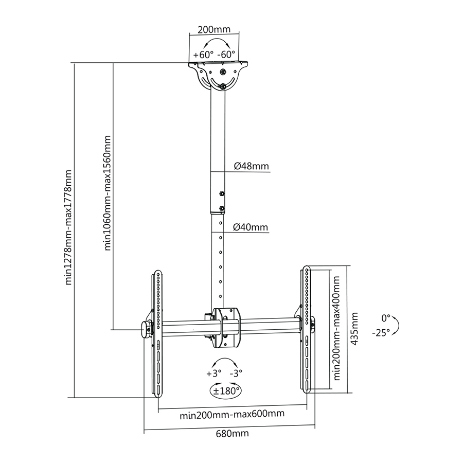 Ceiling articulating TV mount single 40